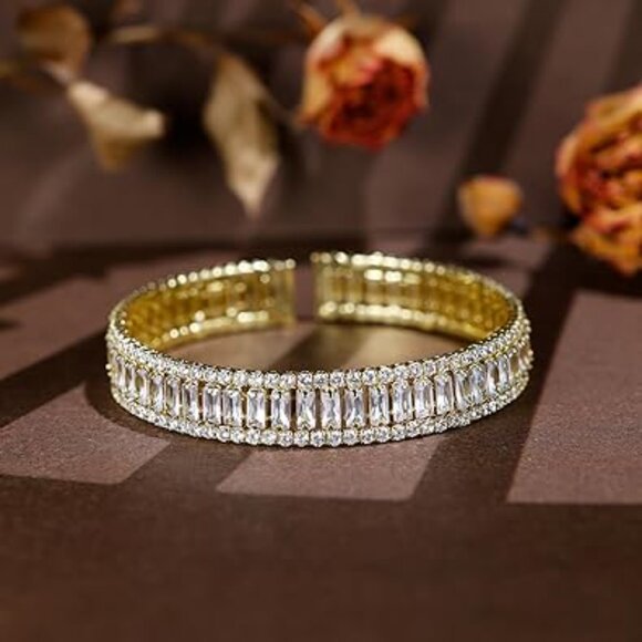 Neiman Marcus 18k Gold Plated Square Luxury Sparkly CZ Cuff Bracelet - Picture 3 of 4